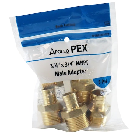 Apollo 3/4 in. Brass PEX Barb x 3/4 in. Male Pipe Thread Adapter (5-Pack), 5PK APXMA34345PK